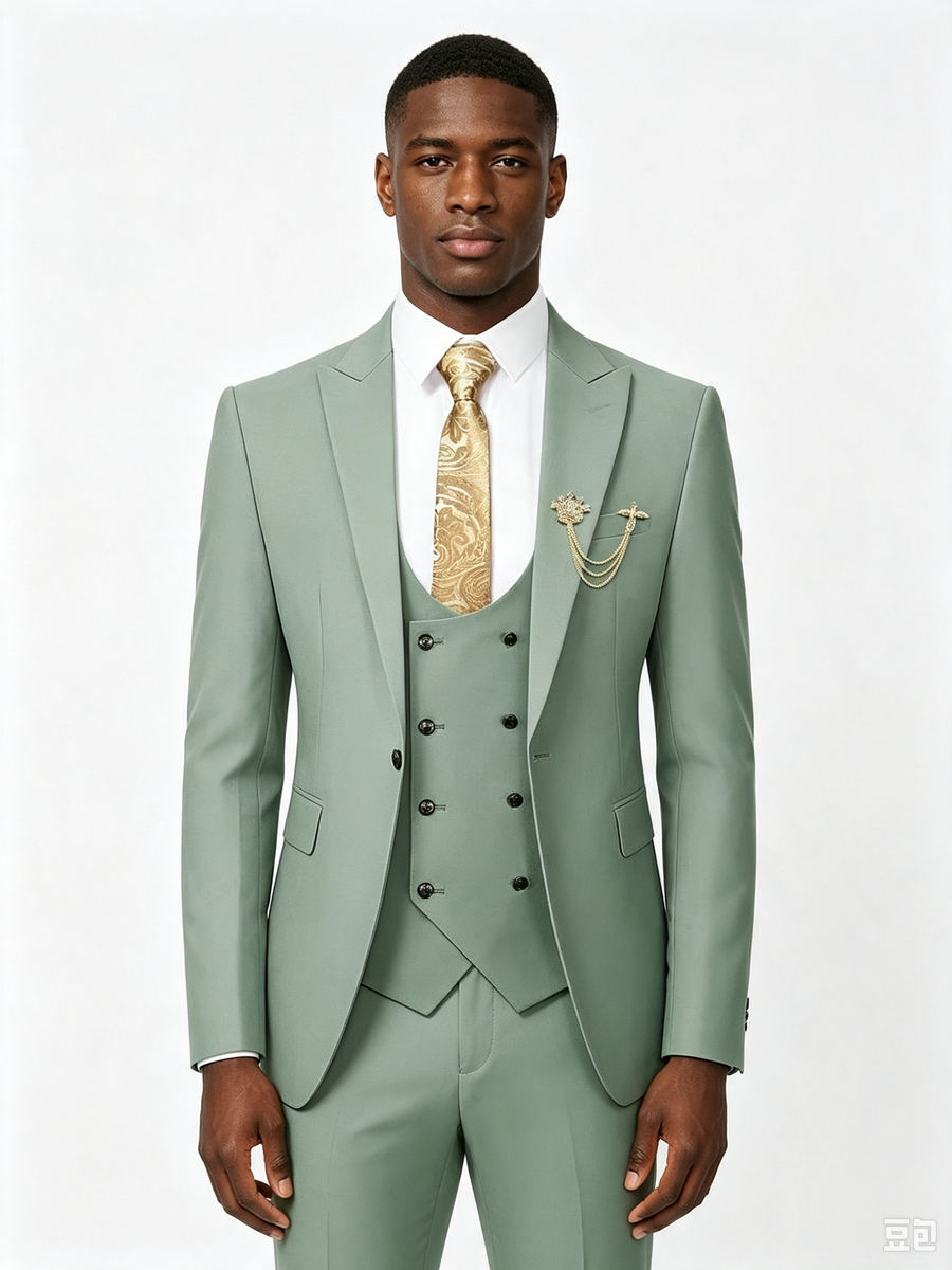 Classic 3 Piece Sage Men's Suit with Regular Fit and Sophisticated Peak Lapel