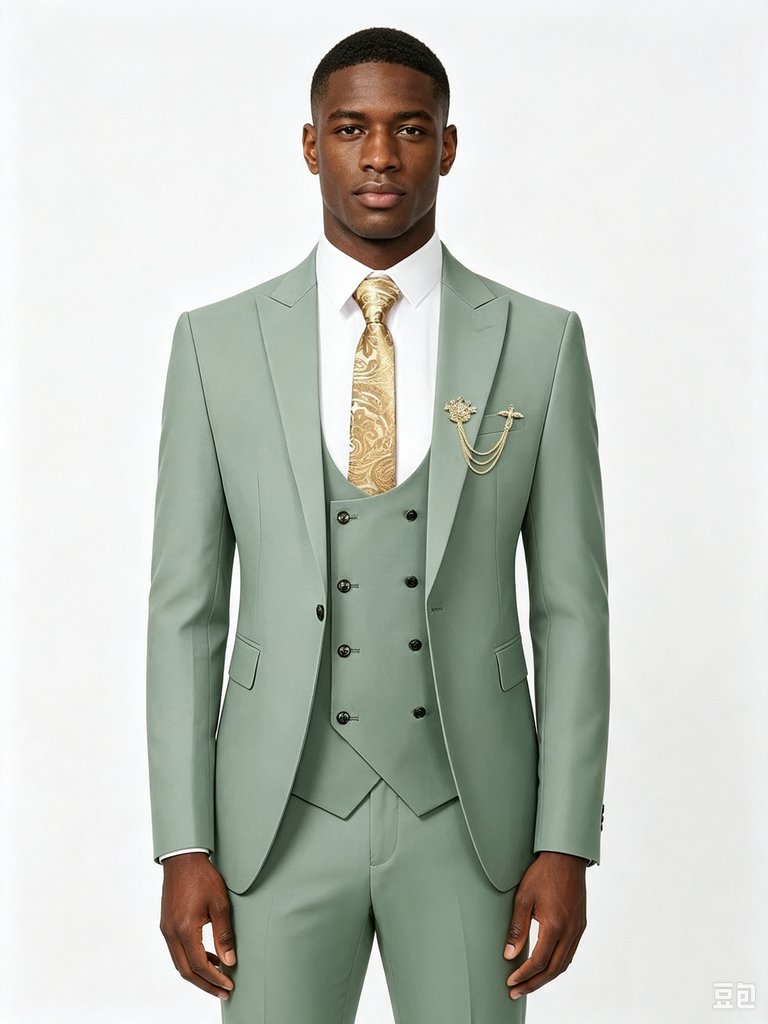 Classic 3 Piece Sage Men's Suit with Regular Fit and Sophisticated Peak Lapel