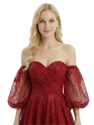 ChicSew Sexy Sweetheart Short Sleeves Side Slit Ruched Prom Gown Glitter Formal Dresses