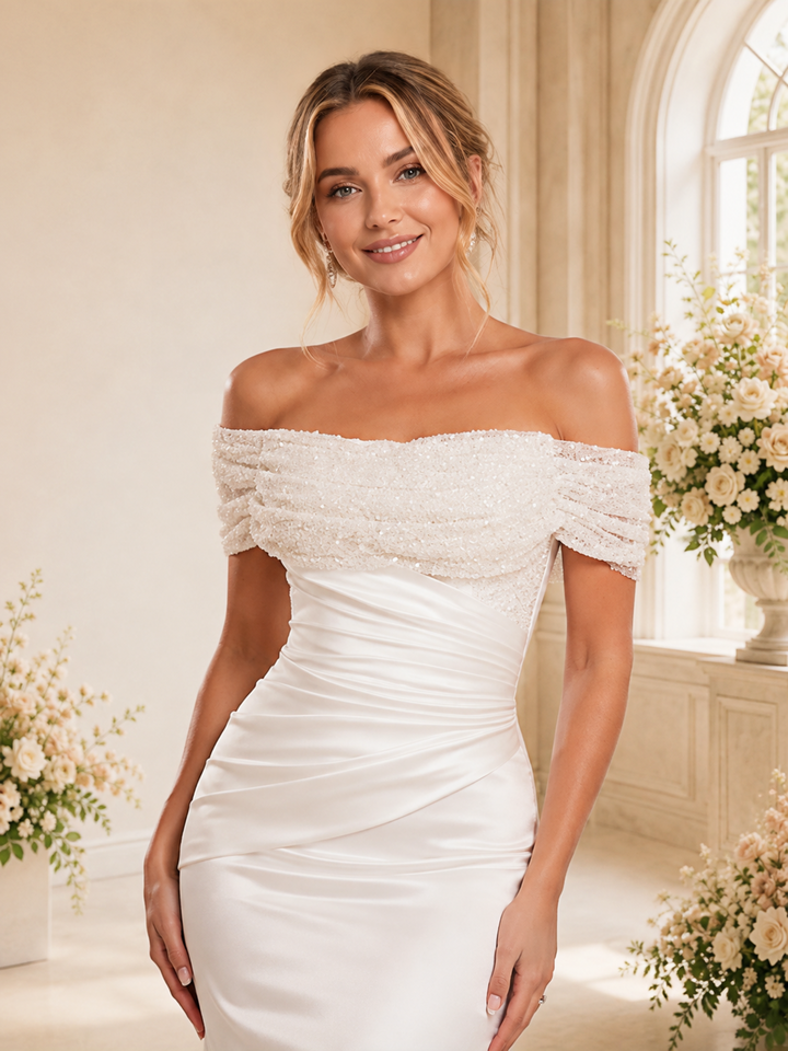 ChicSew Fancy Off The Shoulder Side Slit Ruching Mermaid Satin Floor-Length Wedding Dress