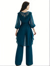 Elegant Lace V-neck 3/4 Sleeves Chiffon Jumpsuit For Long Mother Of The Bride