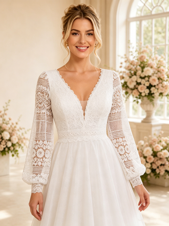 ChicSew Sexy Deep V-Neck A-Line Long Sleeves Floor-Length Lace Tulle Wedding Dresses