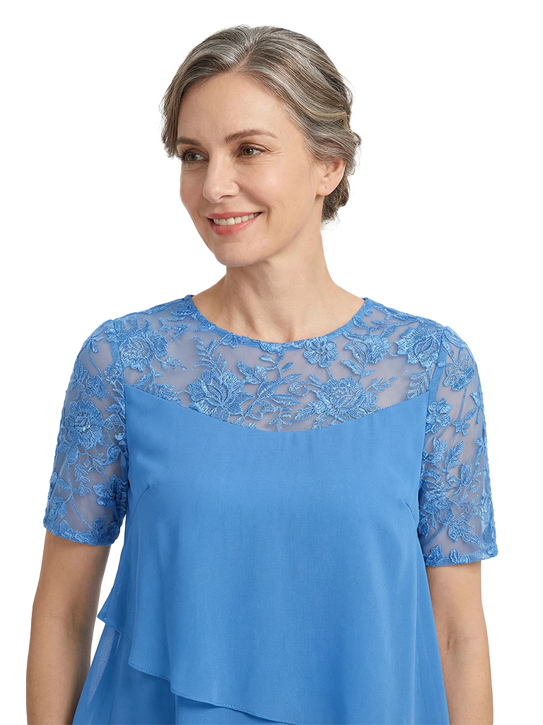 ChicSew Jewel Short Sleeve Lace Overlay Layered Chiffon Midi Length Casual Mother of the Bride Dresses