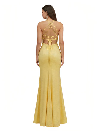 Shiny Spaghetti Straps V-Neck Mermaid Glitter Jersey Ruched Long Formal Dresses Side Slit