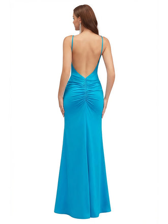 Sexy V-Neck Mermaid Jersey Long Formal Dresses For Women Spaghetti Straps Side Slit