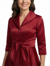 ChicSew V-Neck 3/4 Sleeve Bow Waist A-Line Tea Length Satin Mother Of The Bride Dresses
