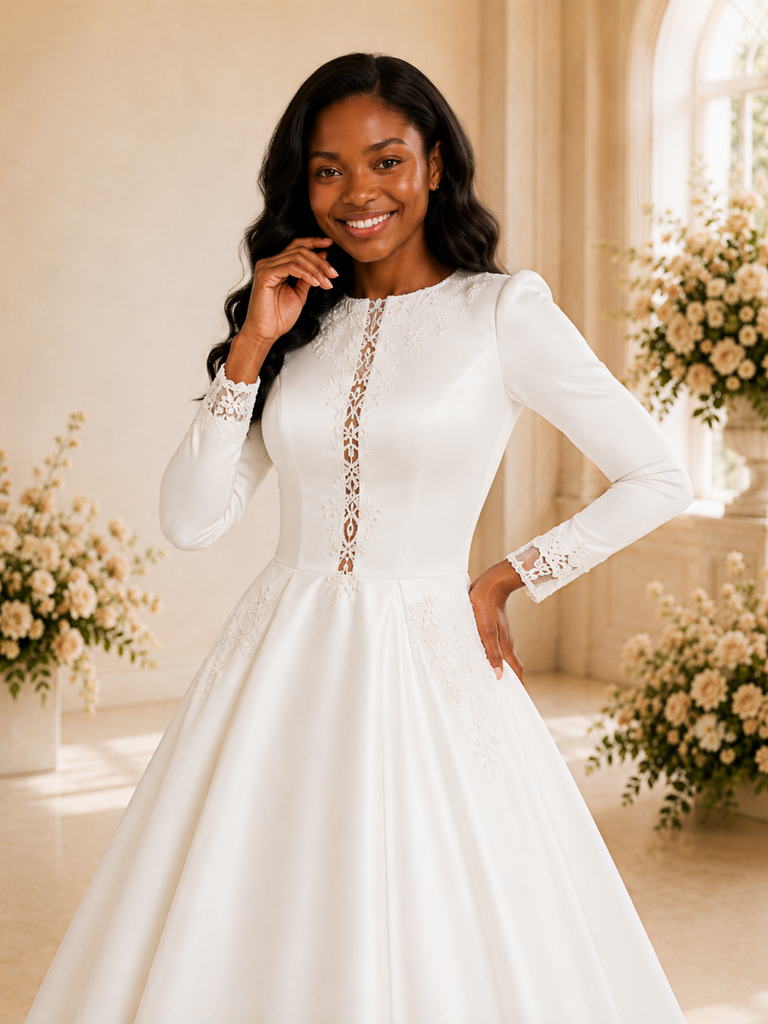 ChicSew Elegant A-Line Jewel Long Sleeves Lace Appliques Satin Maxi Wedding Dress