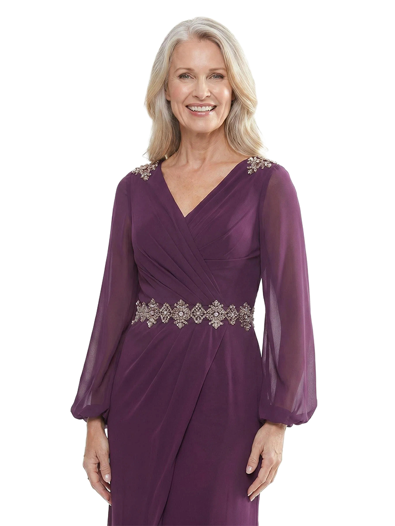 ChicSew V-Neck Long Sleeve Rhinestone Chiffon Floor Length Mermaid Mother of the Bride Dress