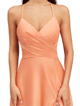 Sexy Spaghetti Straps A-Line Soft Satin Criss cross Side Slit Long Bridesmaid Dresses