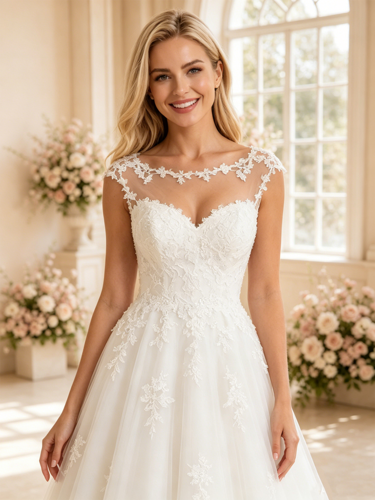 ChicSew Elegant Illusion Sleeveless A-Line Midi Lace Tulle Wedding Dresses