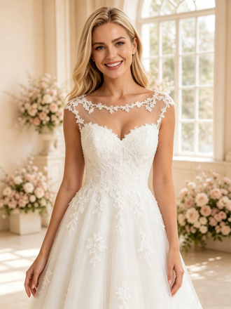 ChicSew Elegant Illusion Sleeveless A-Line Midi Lace Tulle Wedding Dresses