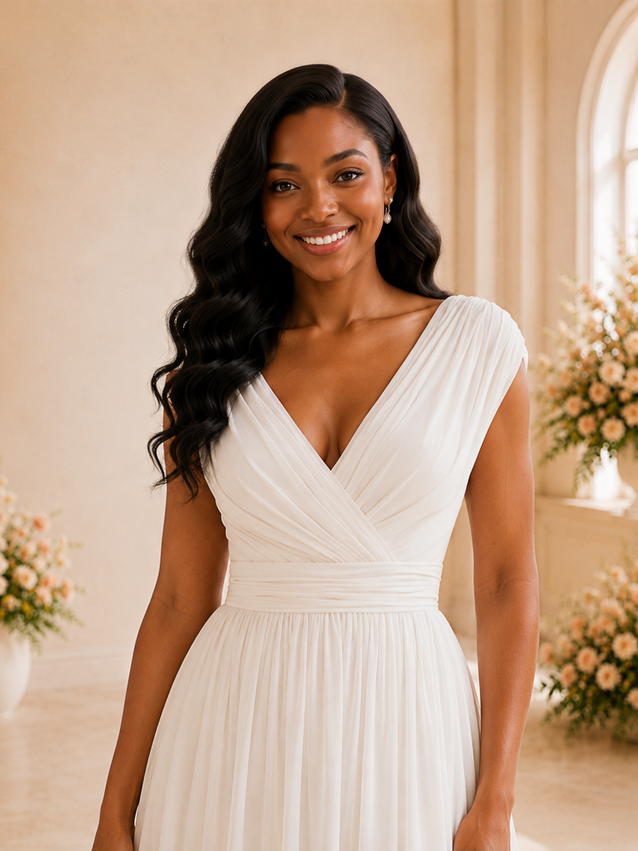 ChicSew Elegant V-Neck Cap Sleeves Pleats Chiffon A-Line Maxi Wedding Dress