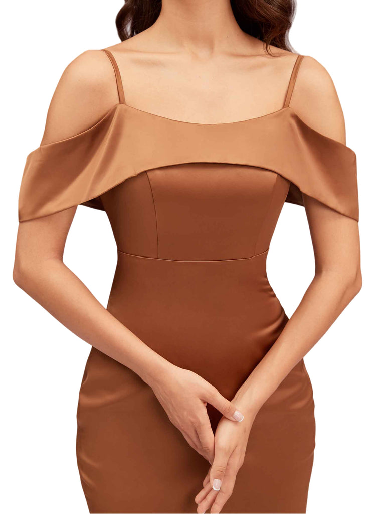 Sexy Cold Shoulder Soft Satin Mermaid Long Bridesmaid Dresses Online