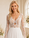 ChicSew Sexy Unique Lace V-Neck Long Sleeves Chiffon A-Line Side Slit Floor-Length Wedding Dress
