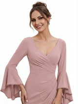 Chic V-Neck Bell Sleeve Mother Of The Bride Dress Ruched Floor Length Chiffon Formal Gown