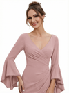 Chic V-Neck Bell Sleeve Mother Of The Bride Dress Ruched Floor Length Chiffon Formal Gown
