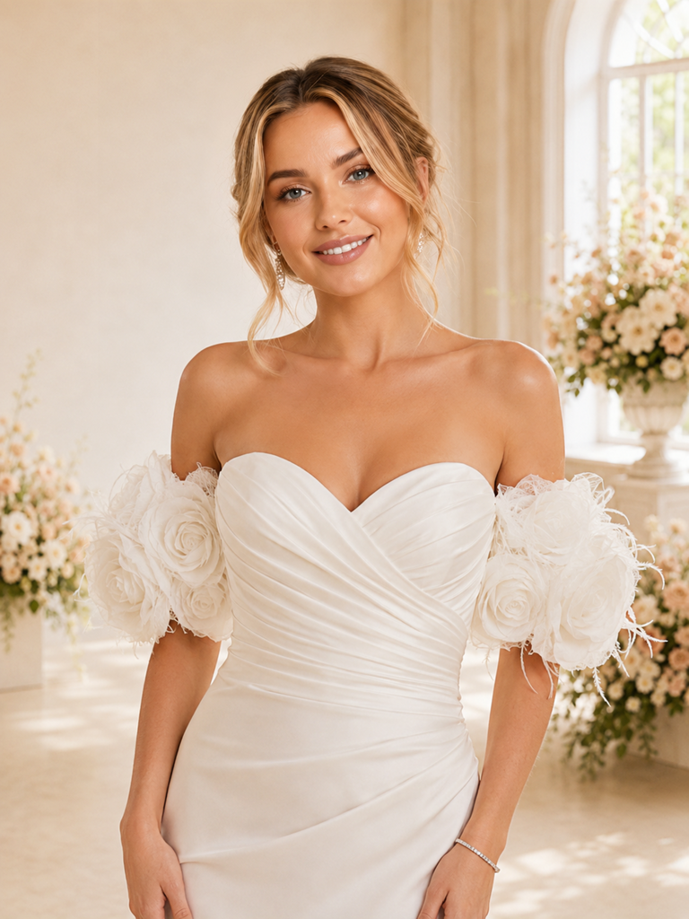 ChicSew Classy Mermaid Sweetheart Off The Shoulder Satin Ruched Long Wedding Dress With 3D Floral Applique