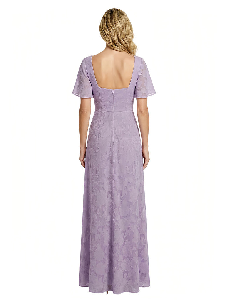 Elegant Flutter Sleeves Ruching Floral Burnout Chiffon A-line Formal Evening Dresses
