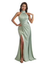 Elegant Mermaid Halter Soft Satin Long Bridesmaid Dresses Slit For Wedding