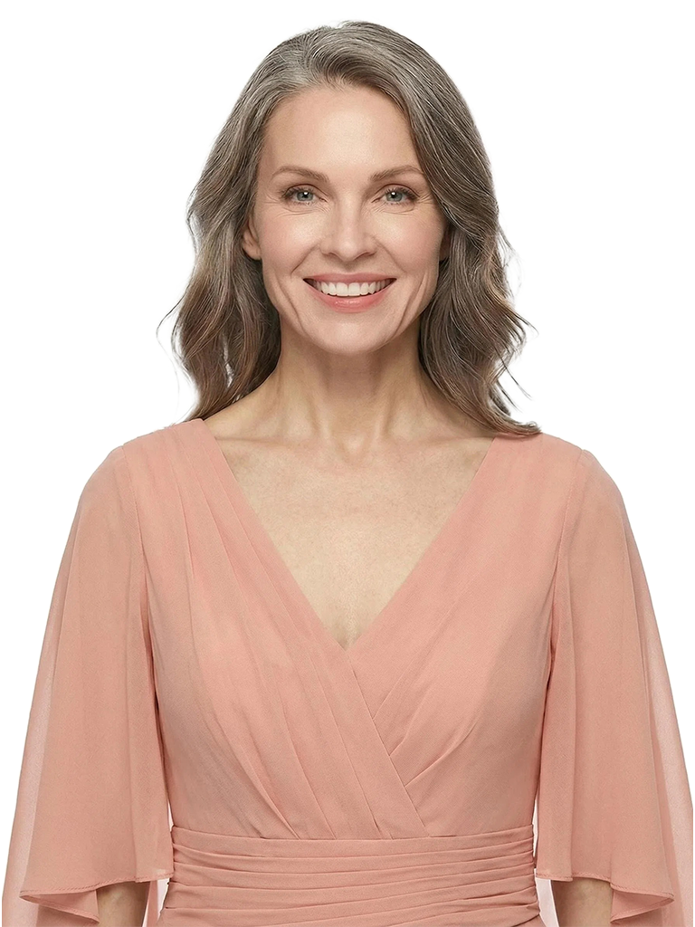 ChicSew Modest Chiffon Flutter Sleeve A-Line V-Neck Mother Of The Groom Gowns With Pleated Waist