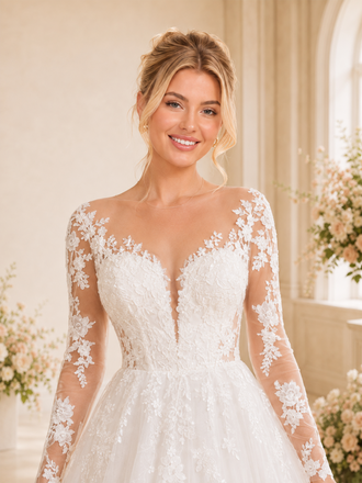 ChicSew Unique Deep V-Neck A-Line Long Sleeves Lace Tulle Maxi Long Wedding Dresses