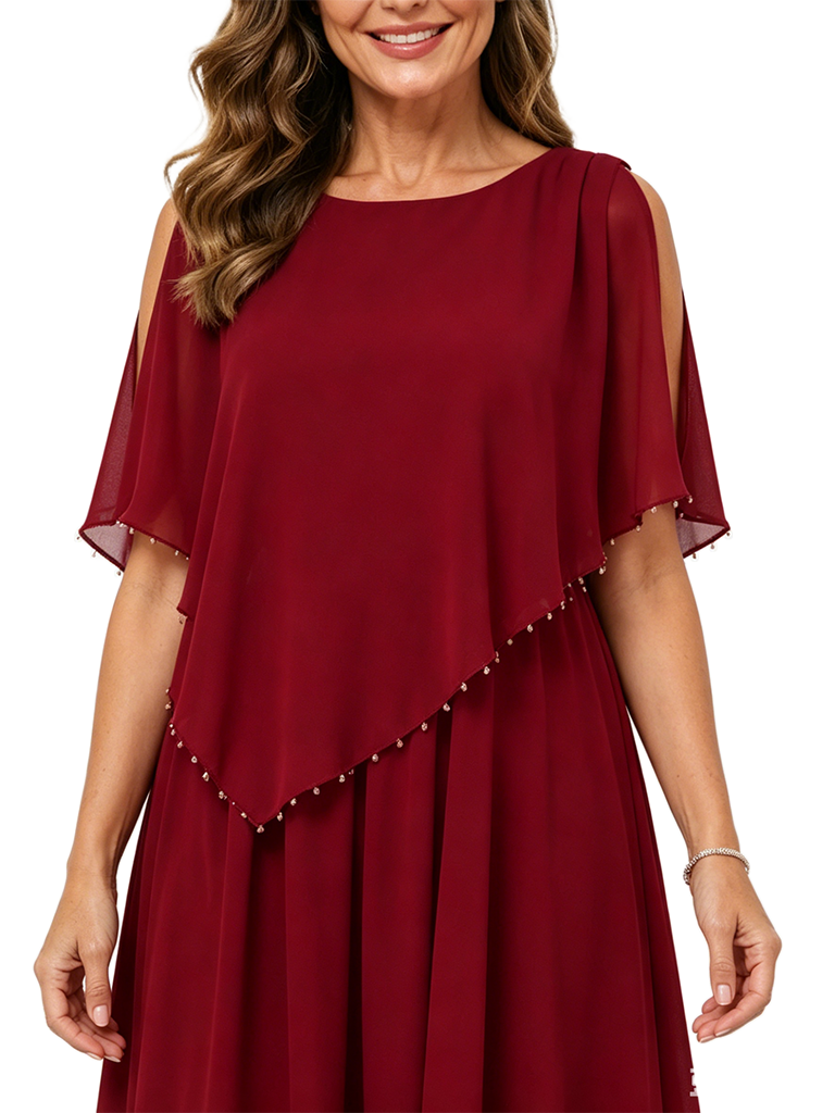 ChicSew Pretty Cold Shoulder Chiffon Overlay Beaded Floor Length Casual Elegant Mother of the Groom Gown