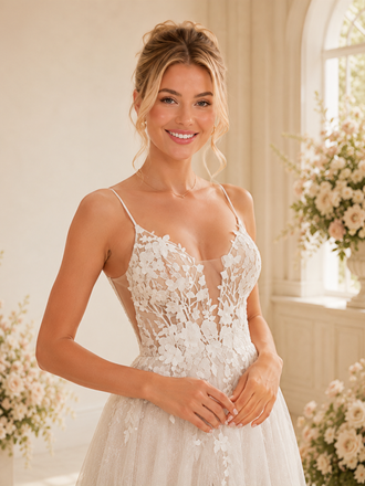 ChicSew Glam Spaghetti Straps A-Line Sleeveless Lace Glitter Tulle Long Wedding Dresses