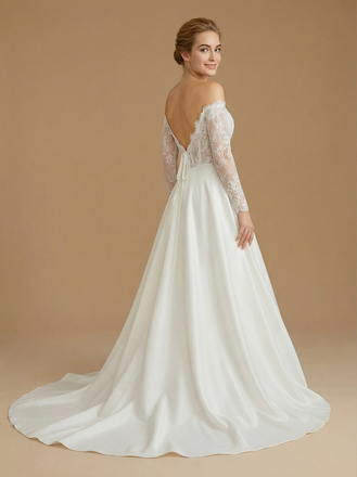 A-line Off Shoulder Long Sleeves Maxi Long Satin Wedding Dresses Online