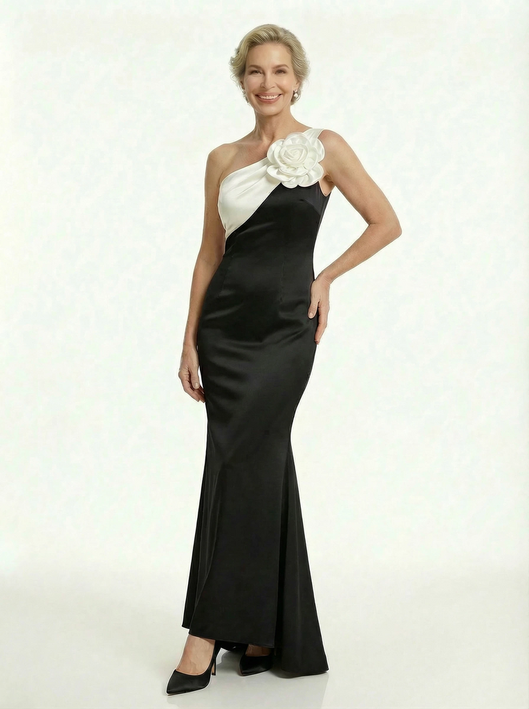 Elegant Black And White Satin One Shoulder Mermaid Long Mother Of The Bride Dresses