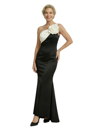 Elegant Black And White Satin One Shoulder Mermaid Long Mother Of The Bride Dresses