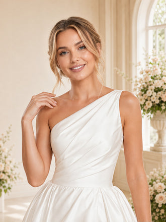ChicSew Elegant A-line One Shoulder Ruching Satin Wedding Dresses With Side Slit