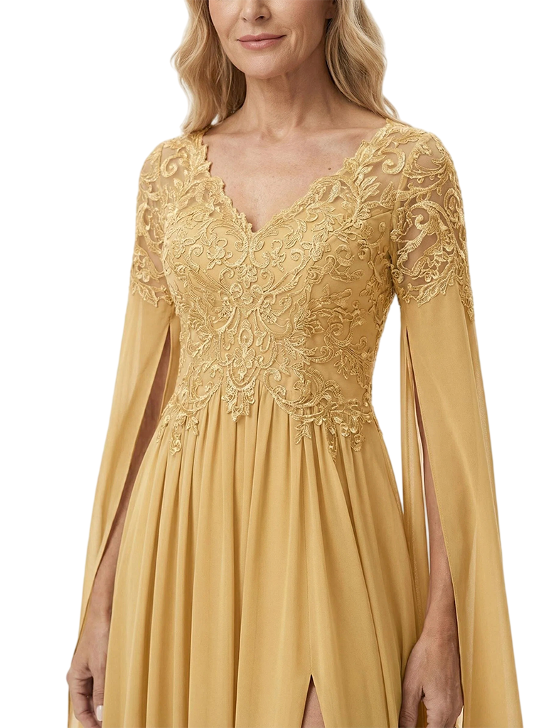 ChicSew V-Neck Cape Sleeve Beaded Lace Long Chiffon Elegant Mother of the Bride Dresses Slit