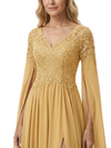 ChicSew V-Neck Cape Sleeve Beaded Lace Long Chiffon Elegant Mother of the Bride Dresses Slit