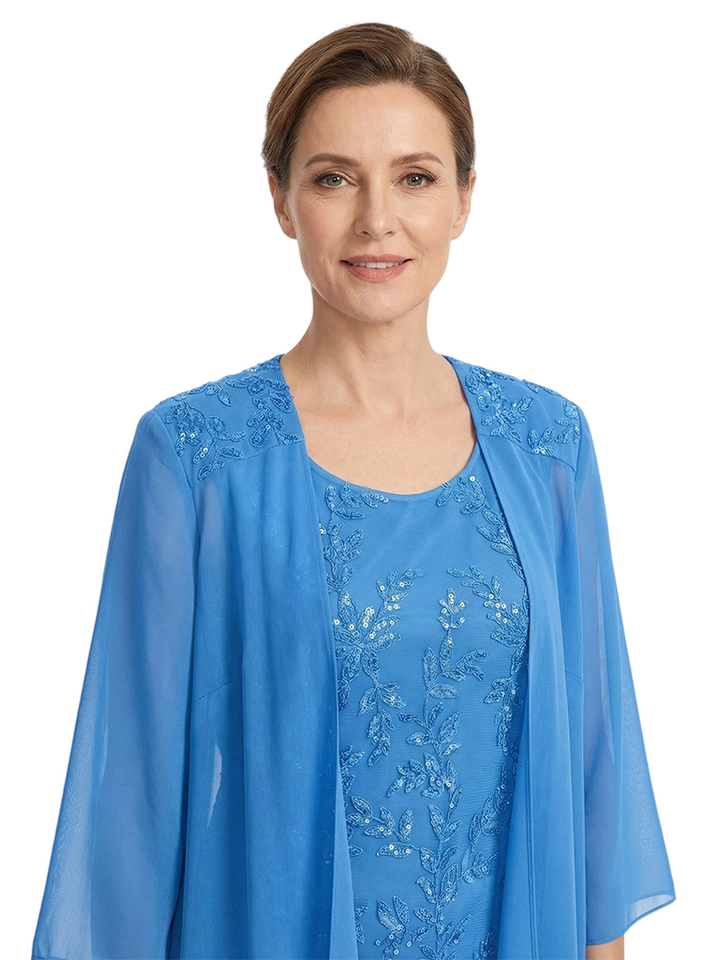 ChicSew Round Neck Long Sleeve Chiffon Jacket Lace Beaded Short Chiffon Mother Of The Bride And Groom Dresses