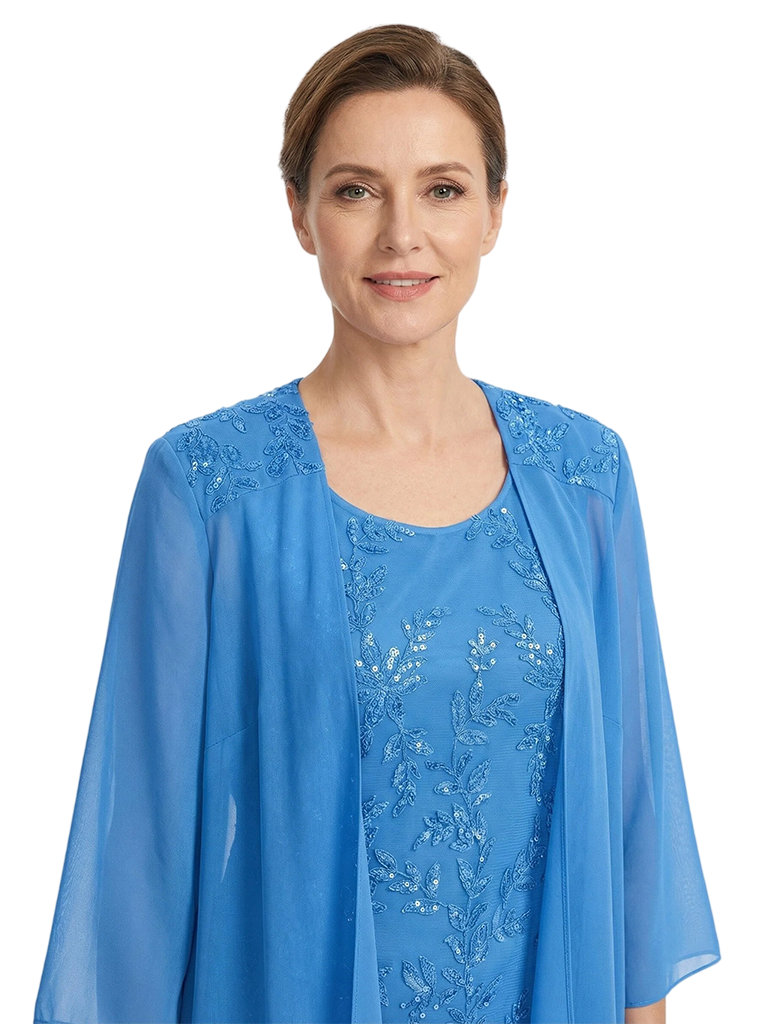 ChicSew Round Neck 3/4 Sleeve Chiffon Jacket Beaded Lace Applique Knee Length Chiffon Sophisticated Mother Of The Bride And Groom Dresses
