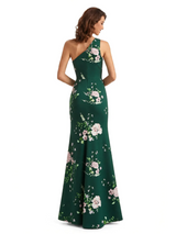 Simple One Shoulder Side Slit Mermaid Floral Satin Maxi Floral Formal Dresses For Women