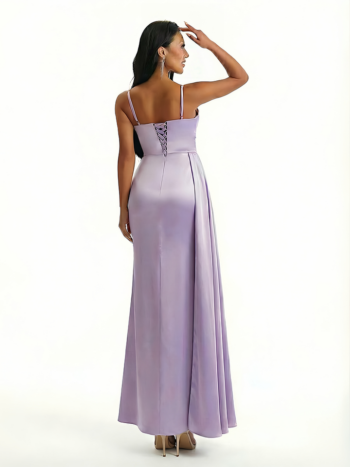 Sexy V-Neck Side Slit Mermaid Soft Satin Long Formal Dresses Spaghetti Straps