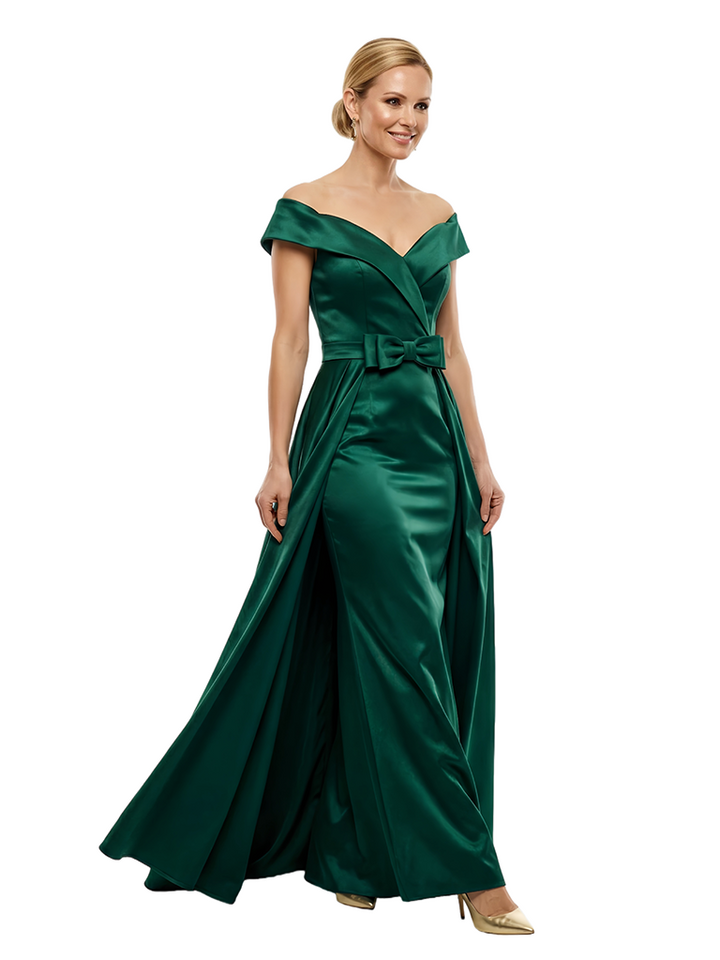 Chicsew Off Shoulder Sleeveless Bow Mermaid Floor Length Satin Mother of the Bride Dresses