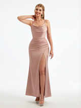 Elegant Spaghetti Straps Ruched Mermaid Soft Satin Long Formal Dresses For Women Side Slit