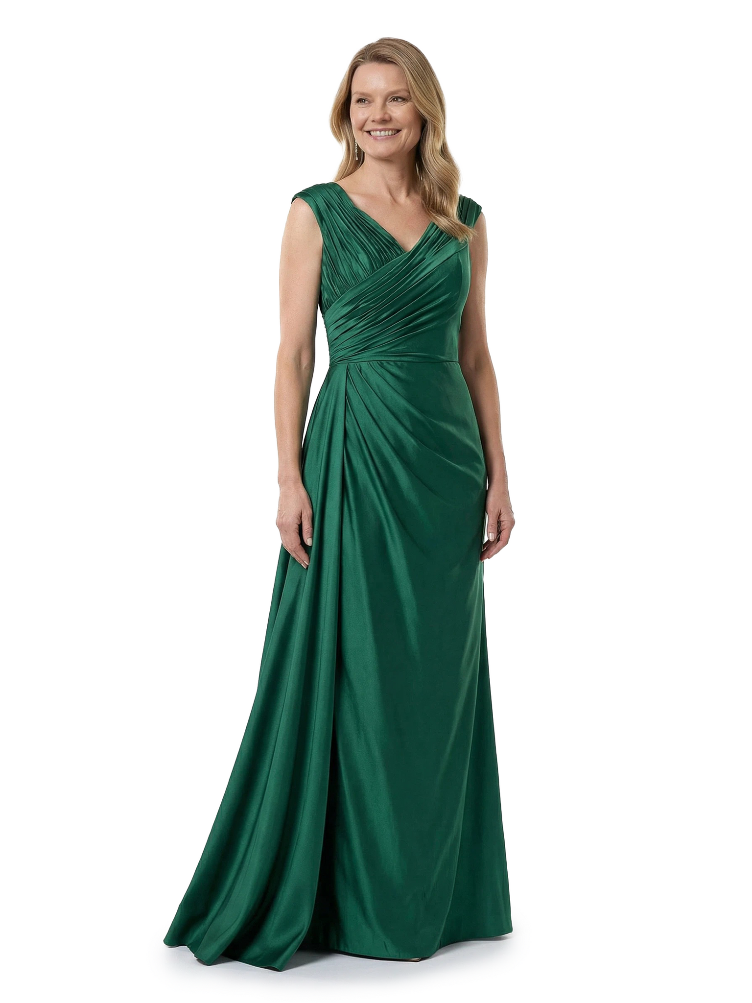 Chicsew V-Neck Sleeveless Ruched A-Line Floor Length Satin Elegant Mother of the Bride Dresses