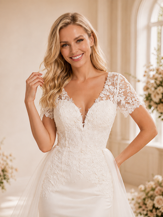 ChicSew Beautiful V-Neck Mermaid Short Sleeves Satin Long Wedding Dresses Online