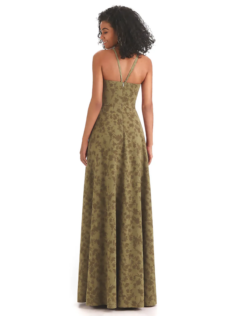 Sexy Spaghetti Straps A-line Long Satin Floral Formal Dresses For Women