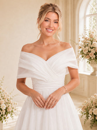 ChicSew Elegant Off The Shoulder Ruching Sleeveless Tulle A-Line Long Wedding Dress