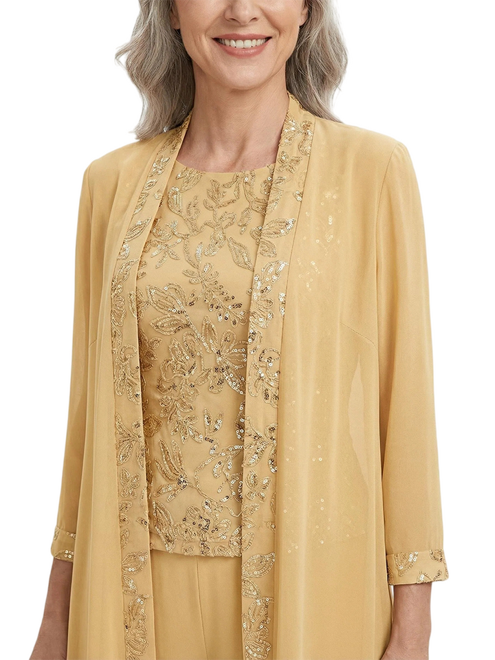 ChicSew Jewel Long Sleeve Chiffon Jacket Lace Bodice Pantsuits For Mother Of The Bride