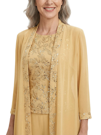 ChicSew Jewel Long Sleeve Chiffon Jacket Lace Bodice Pantsuits For Mother Of The Bride