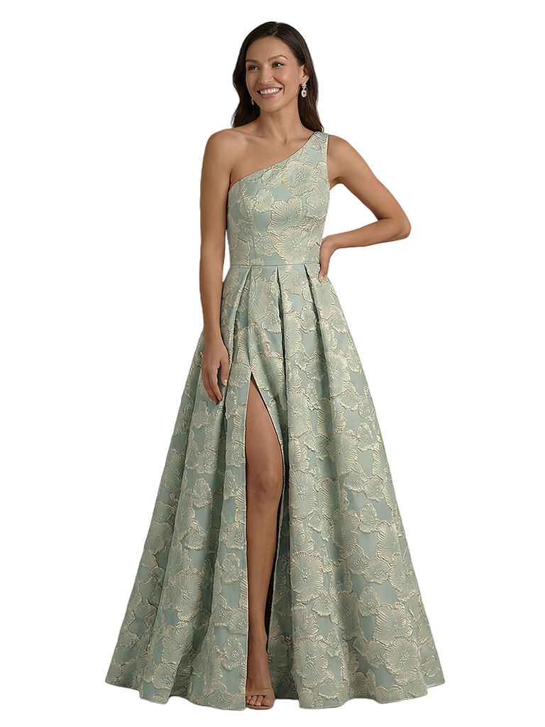 ChicSew Elegant Floral Jacquard One Shoulder Side Slit A-Line Long Formal Evening Dresses