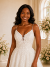 ChicSew Fancy Spaghetti Straps V-Neck Lace Appliques Glitter Tulle A-Line Maxi Wedding Dress