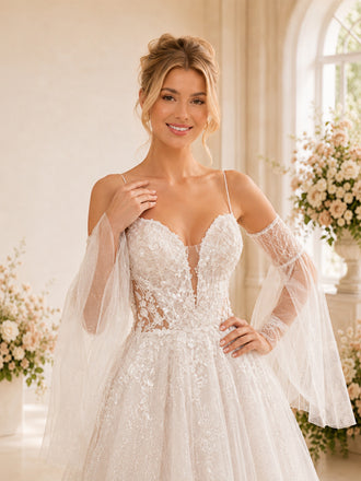 ChicSew Elegant Spaghetti Straps Long Sleeve Glitter Tulle  Lace A-Line Long Wedding Dress