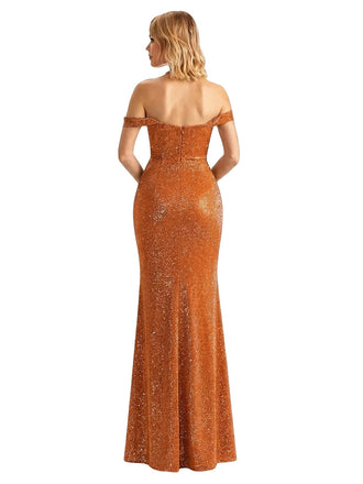 Shiny Off Shoulder Side Slit Mermaid Glitter Jersey Long Formal Dresses For Women