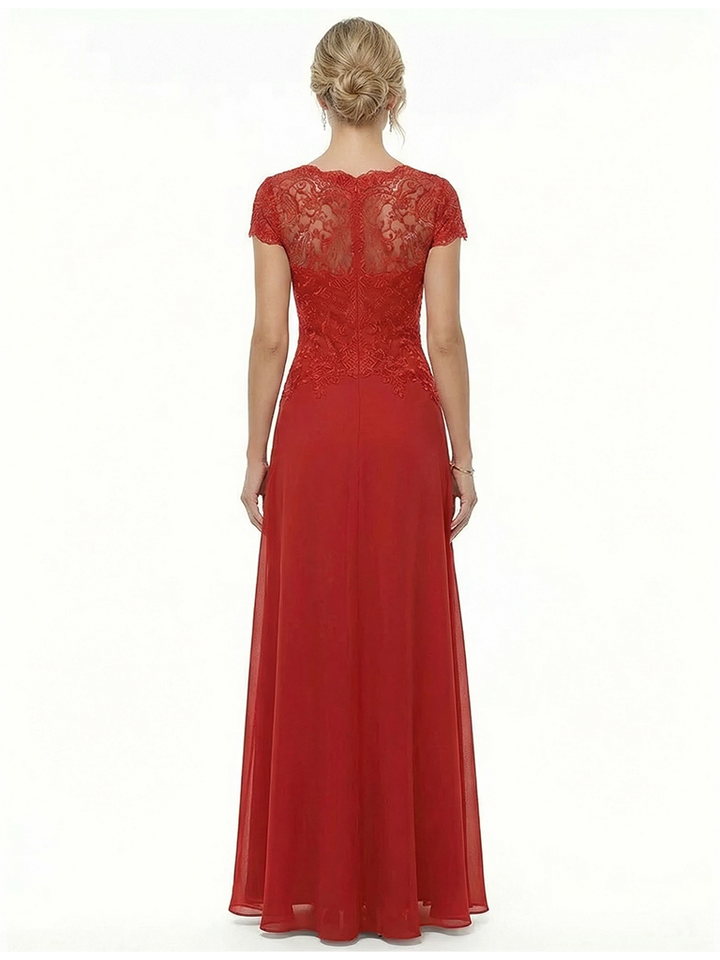 Elegant Lace Short Sleeves Chiffon A-Line Long Mother of The Bride Dresses